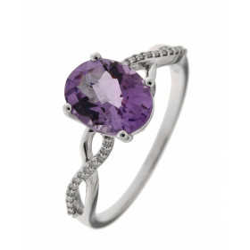 Bague Or Blanc 375 Améthyste Ovale 8x6mm Diamant Bague Or Blanc 375 Améthyste Ovale taille dôme 8x6mm sertie à griffes Poi...