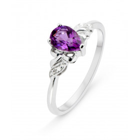 Bague Or Blanc 375 Améthyste Poire 7x5mm Diamants Bague sertie d une Améthyste poire 7x5mm 4 diamants Poids Améthyste : 0....