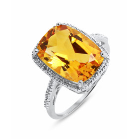 Bague Or blanc 375 Citrine Coussin 14x10mm et Diamant