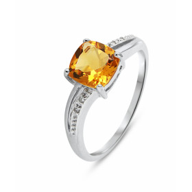 Bague Or blanc 375 Citrine Coussin 7x7mm et Diamant