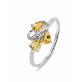 Bague Or blanc 375 Citrine et Diamant. Monture en Or 375 (Or 9 carats). 3 pierres taille poire de 5x3mm. 3 diamants de 1mm