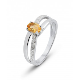 Bague Or Blanc 375 Citrine Ovale 6x4mm et Diamant