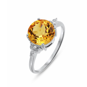 Bague Or blanc 375 Citrine Ronde 9mm et Diamant. Monture en Or 375 (Or 9 carats). Pierre centrale ronde de 9mm de diamètre...