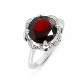 Bague Or Blanc 375 Grenat 10mm Diamant Grenat rond 10mm serti à griffes Poids Grenat : 3.8 carats Entourrage composé 4 dia...