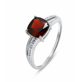 Bague Or blanc 375 Grenat Coussin 7x7mm Diamant Monture Or 375 (Or 9 carats) Pierre centrale taille coussin 7x7mm (2.35 ca...