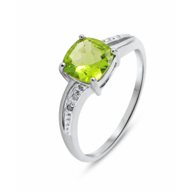 Bague Or blanc 375 Péridot Coussin 7x7mm Diamant Monture Or 375 (Or 9 carats) Pierre centrale taille coussin 7x7mm (2.35 c...