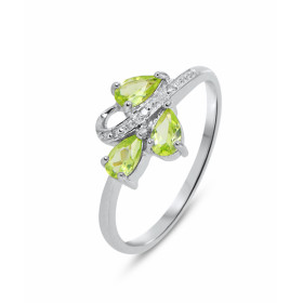 Bague Or blanc 375 Péridot Diamant Monture Or 375 (Or 9 carats) 3 pierres taille poire 5x3mm 3 diamants 1mm