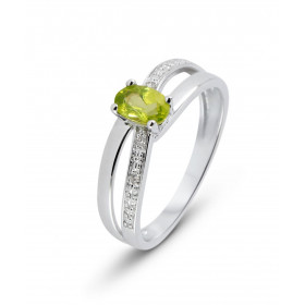 Bague Or Blanc 375 Péridot Ovale 6x4mm Diamant Bague Or Blanc 375 sertie d une pierre ovale 6x4mm Anneau serti 4 diamants ...