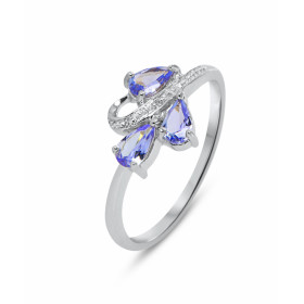  Bague Or blanc 375 Tanzanite Diamant Monture Or 375 (Or 9 carats) 3 pierres taille poire 5x3mm 3 diamants 1mm 