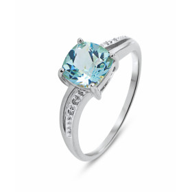 Bague Or blanc 375 Topaze Bleue Coussin 7x7mm et Diamant