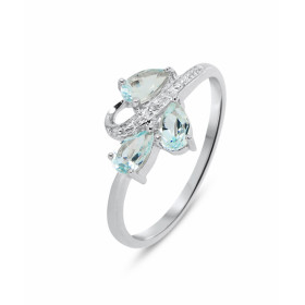 Bague Or blanc 375 Topaze Bleue Diamant Monture Or 375 (Or 9 carats) 3 pierres taille poire 5x3mm 3 diamants 1mm