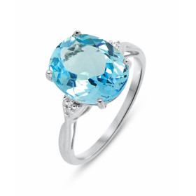 Bague Or blanc 375 Topaze Bleue Ovale 12x10mm et Diamant