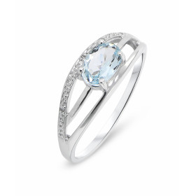 Bague Or Blanc 375 Topaze Bleue Ovale 7x5mm et Diamant