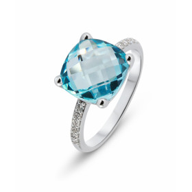 Bague Or Blanc 375 Topaze bleue traitée Coussin 10x10mm et Diamant