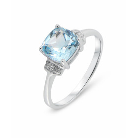  Bague Topaze Bleue Traitée Diamant Or Blanc 375 La pierre centrale est une Topaze Bleue taille coussin 7x7mm Elle est mai...