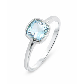  Bague Topaze Bleue Or Blanc 375 La pierre centrale est une Topaze Bleue taille coussin 7x7mm Elle est maintenue sur cette...