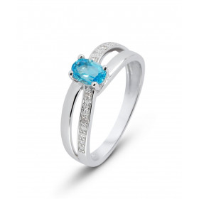 Bague Or Blanc 375 Topaze bleue traitée Ovale 6x4mm et Diamant