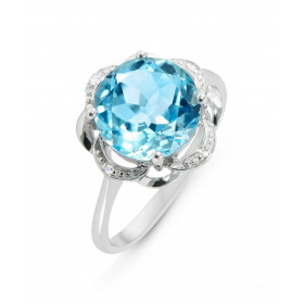 Bague Or Blanc 375 Topaze bleue traitée Traitée 10mm et Diamant