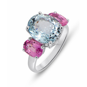  Bague Or Blanc 750 Aigue Marine Saphir rose Bague originale type trilogie Aigue marine ovale 12x10mm (4,5 carats) sertie ...