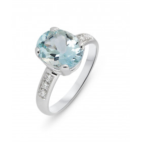 Bague Or Blanc  750 Aigue Marine ovale 11x9mm et diamants