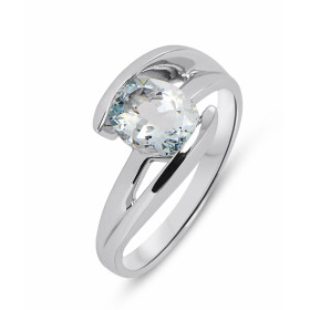  Bague or blanc 750 sertie d une aigue marine ovale 9x7mm Corps croisé Serti demi clos Poids aigue marine : 1,3 carat 