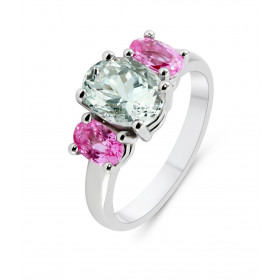  Bague Or Blanc 750 Aigue Marine Saphir rose Aigue marine ovale 9x7mm (1.8 carat) sertie à griffes 2 saphirs roses ovales ...