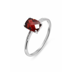 Bague Or Blanc 750 Grenat Coussin 8x6mm Diamant Grenat taille dôme 1,9 carat serti à griffes 8 diamants 0,8mm diamètre ser...
