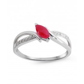 Bague Or Blanc 750 Rubis Navette 6x3mm et Diamants