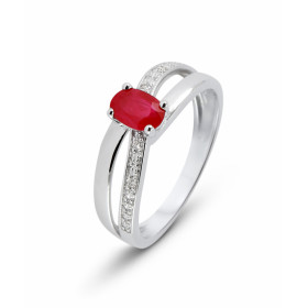 Bague Or Blanc 750 Rubis Ovale 6x4mm et Diamant. Bague en Or Blanc 750 sertie d'une pierre ovale de 6x4mm (0.60 carat). An...