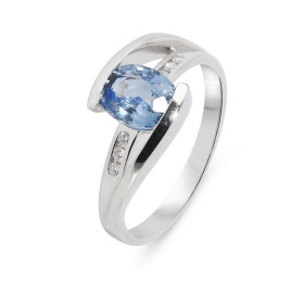 Bague Or Blanc 750 Saphir de Ceylan Ovale 8x6mm et diamants