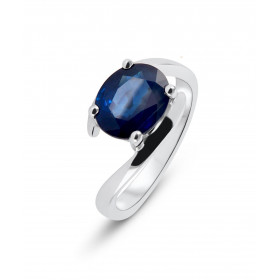  Bague Or Blanc 750 Saphir ovale 9x7mm Saphir 2.7 carats serti à griffes Monture corps croisé 