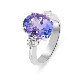 Bague Or Blanc 750 Tanzanite Ovale 12x9mm et Diamant