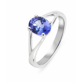 Bague en Or Blanc 750 sertie d&#39;une Tanzanite Ovale de 8x6 mm (1,1 carat). Serti à griffes