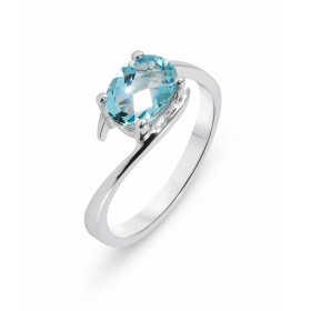  Bague or blanc 750 sertie d une topaze bleue ovale 8x6mm Corps croisé Serti à griffes Poids topaze bleue : 1,6 carat 