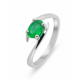  Bague Or Blanc sertie d une émeraude ovale 7x5mm (0,7 carat) Monture solitaire croisé 