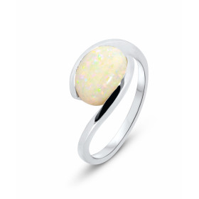 Bague en Or Blanc 750 sertie d&#39;une opale. Pierre ovale taille cabochon de 10x8mm. Poids de l&#39;opale : 1.3 carat. Se...