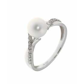 Bague en Or Blanc sertie de 12 diamants et d&#39;une Perle blanche de 7mm de diamètre. Poids Diamant : 0,11 carats. Qualit...