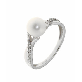  Bague Or Blanc sertie 12 diamants d une Perle blanche 7mm diamètre Poids Diamant : 0,11 carats Qualité Diamant : HSI 