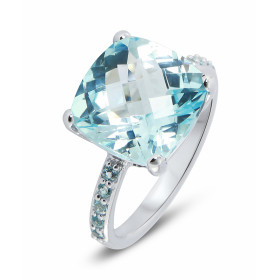 Bague Or Blanc sertie d une Topaze Bleue taille coussin 12x12mm 10 topazes bleues rondes 1mm diamètre Poids Pierre : 1x9,0...