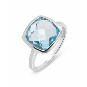 Bague Or Blanc Topaze Bleue Traitée Coussin 10mm