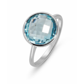 Bague Or Blanc sertie d une Topaze Bleue ronde taille dome 10mm diamètre Poids Pierre : 3ct 