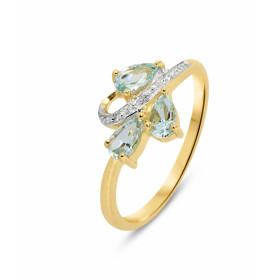 Bague Or jaune 375 Aigue Marine Diamant Monture Or 375 (Or 9 carats) 3 pierres taille poire 5x3mm 3 diamants 1mm 