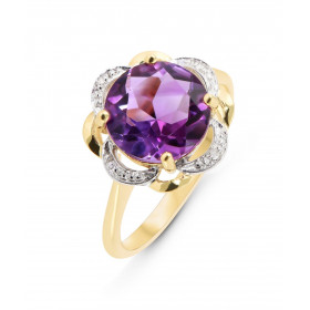 Bague Or Jaune 375 Améthyste 10mm Diamant Améthyste ronde 10mm sertie à griffes Poids Améthyste : 2.4 carats Entourage com...
