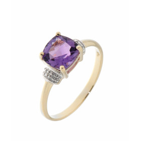 Bague Améthyste Diamant Or 375 2 tons La pierre centrale est une Améthyste taille coussin 7x7mm Elle est maintenue sur cet...