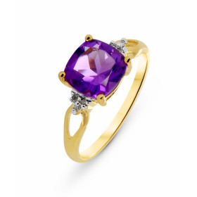  Bague Or jaune 375 Améthyste Coussin 8x8mm Diamant Cette bague Or jaune 375 est ornée d une améthyste taille coussin La p...