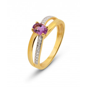 Bague Or Jaune 375 Améthyste Ovale 6x4mm Diamant Bague Or Jaune 375 sertie d une pierre ovale 6x4mm Anneau serti 4 diamant...