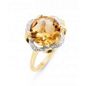 Bague Or Jaune 375 Citrine 10mm Diamant Citrine ronde 10mm sertie à griffes Poids Citrine : 3 carats Entourrage composé 4 ...