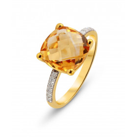 Bague Or Jaune 375 Citrine Cousin 10x10mm et Diamant. Bague en Or Jaune 375 sertie d'une pierre taille coussin de 10x10mm....