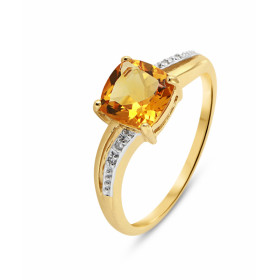 Bague Or jaune 375 Citrine Coussin 7x7mm et Diamant. Monture en Or 375 (Or 9 carats). Pierre centrale taille coussin de 7x...