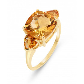 Bague Or Jaune 375 Citrine Coussin et Coeur. Bague sertie d'une Citrine Coussin de 10x10mm et de 2 Citrines coeur de 5x5mm...